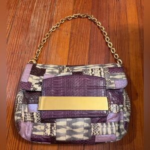 Authentic Jimmy Choo Celeste Clutch Purple and Cream Patchwork Bag